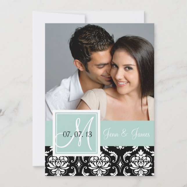 Minze Green Black Damask Foto Save the Date (Vorderseite)