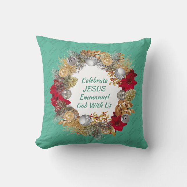 Minze Green CELEBRATE JESUS Weihnachtskranz Kissen (Vorderseite)