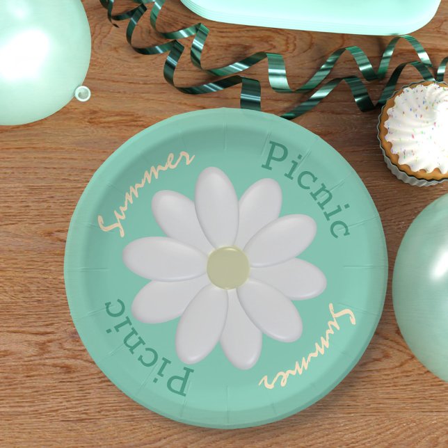 Minze Green Daisy Summer Picnic Custom Paper Telle Pappteller (Fun summer picnic paper plate just for you)