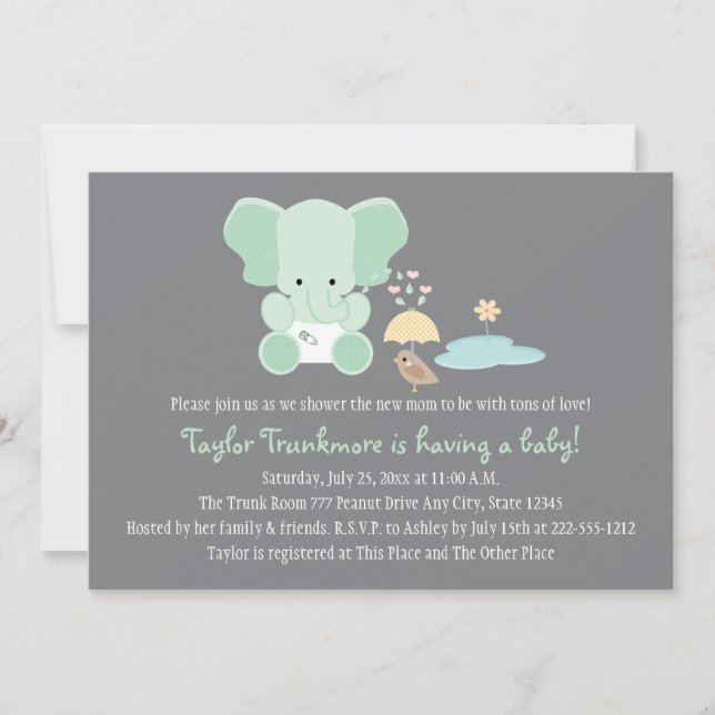 Minze Green Elephant Little Bird Baby Dusche Einladung (Vorderseite)