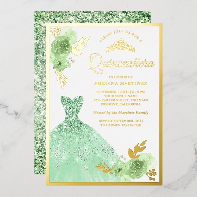 Minze Green Floral Sparkle Dress Quinceanera Gold Folieneinladung (Vorderseite/Rückseite)