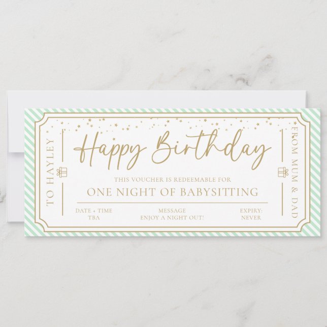 Minze Green Geburtstag Babysitting Gutscheinkarte Einladung (Vorderseite)