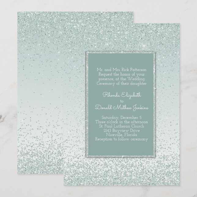 Minze Green Glitzer und Shine Wedding Einladung (Vorne/Hinten)