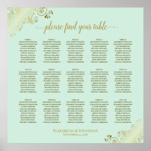 Minze Green & Gold 15 Table Wedding Seating Chart Poster