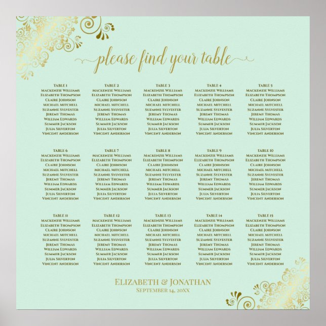 Minze Green & Gold 15 Table Wedding Seating Chart Poster (Vorne)