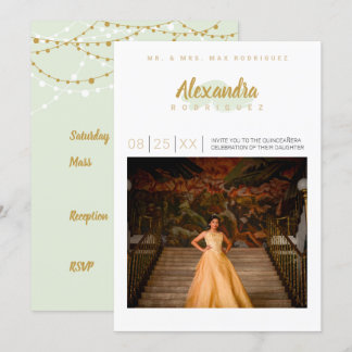 Minze Green & Gold Foto Quinceanera Einladung