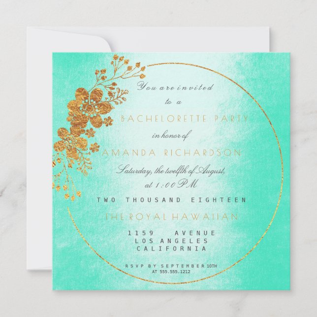 Minze Green Golden Floral Glam Junggeselinnen-Absc Einladung (Vorderseite)