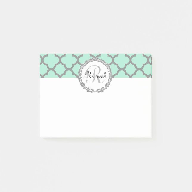 Minze Green Gray Quatrefolienname Mit Monogramm La Post-it Klebezettel (Vorderseite)