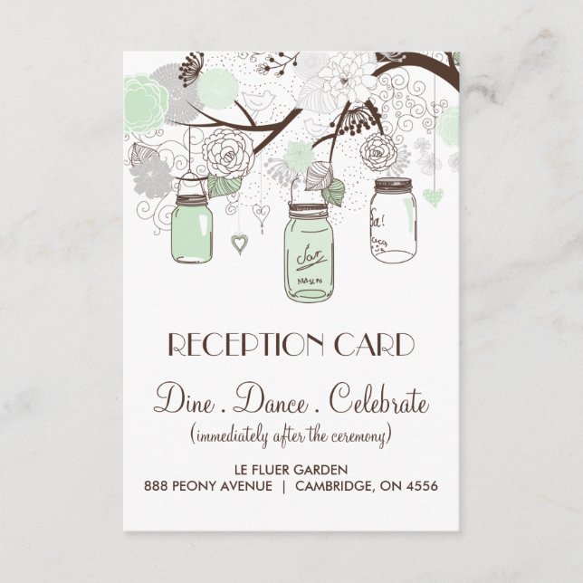 Minze Green & Grey Floral Mason Jars Empfang Card Begleitkarte (Vorderseite)