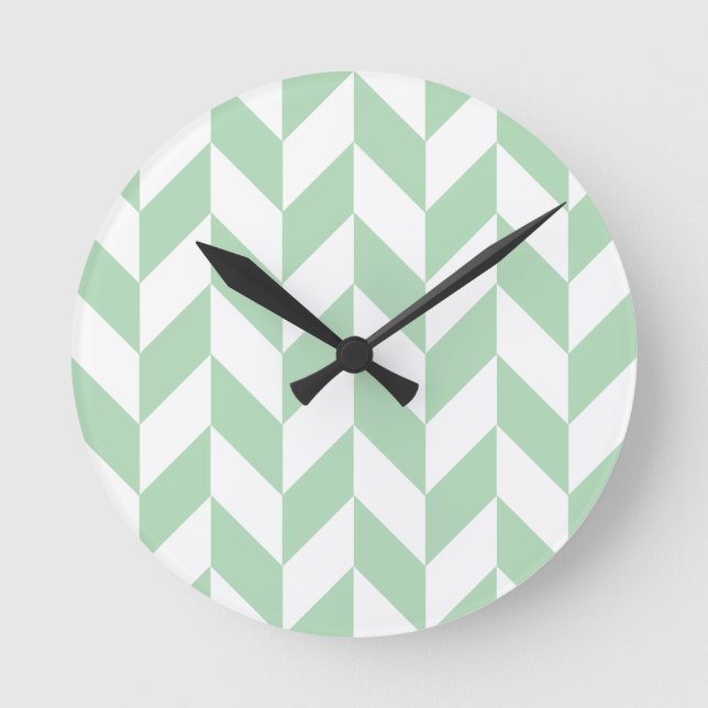 Minze Green Herringbone-Muster Runde Wanduhr (Vorderseite)