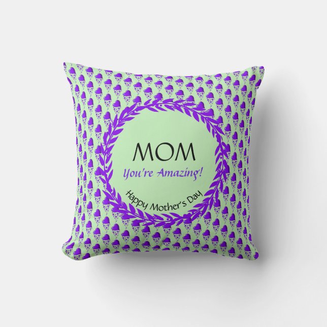Minze Green Lila Heart Pattern PHANTASTISCHE MAMA Kissen (Vorderseite)