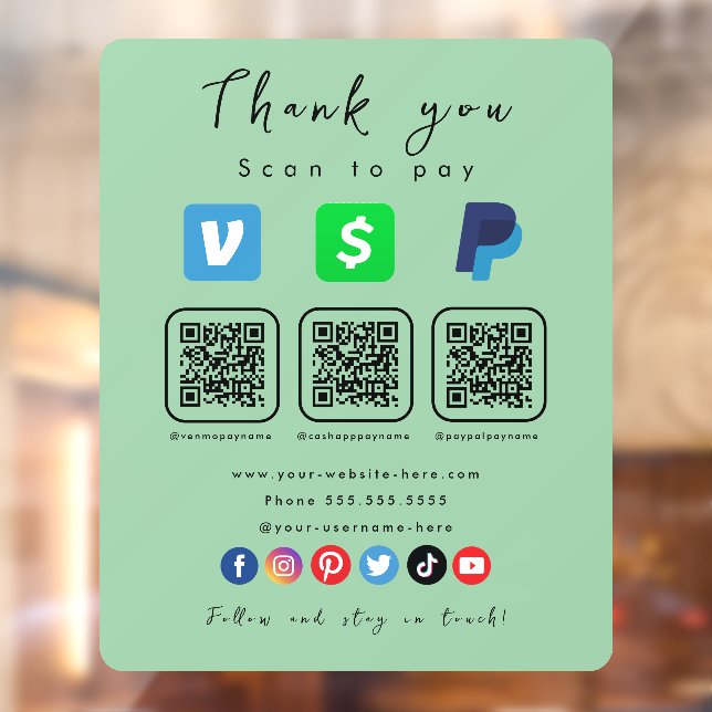Minze Green Multi QR Code Paypal Venmo Cash App Fensteraufkleber (Blatt 2)
