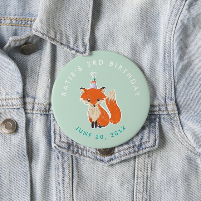 Minze Green Niedlich Fox Party Hat Woodland Geburt Button (Beispiel)