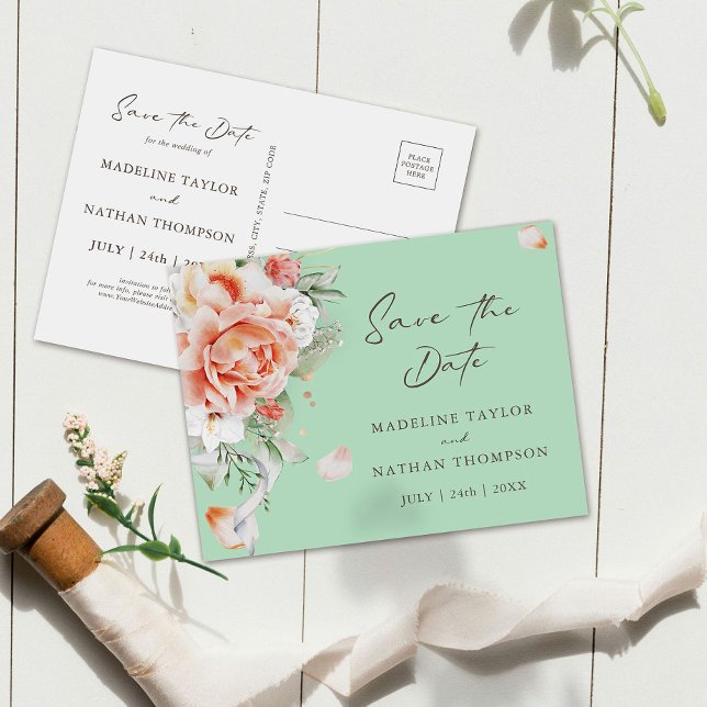 Minze Green & Peach Floral Save the Date Postkarte (Von Creator hochgeladen)
