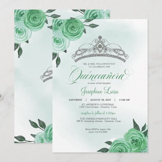 Minze Green Rose Silver Tiara Quinceañera Geburtst Einladung (Vorne/Hinten)