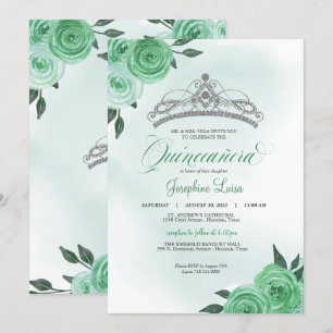 Minze Green Rose Silver Tiara Quinceañera Geburtst Einladung