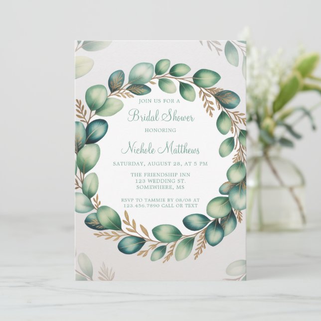 Minze Green & Sage Green Eucalyptus Brautparty Einladung (Stehend Vorderseite)