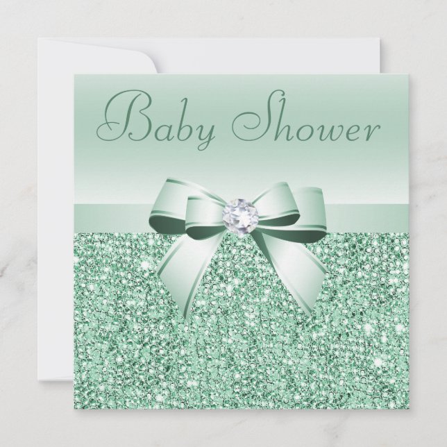 Minze Green Sequins, Bow & Diamond Baby Dusche Einladung (Vorderseite)