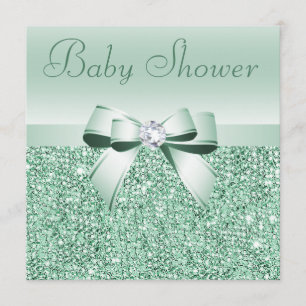 Minze Green Sequins, Bow & Diamond Baby Dusche Einladung