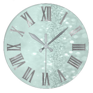 Minze Green Silver Glitzer Grau römische Zahlen Große Wanduhr