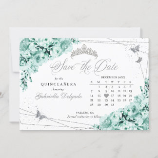 Minze Green & Silver Quinceañera Save the Date Einladung
