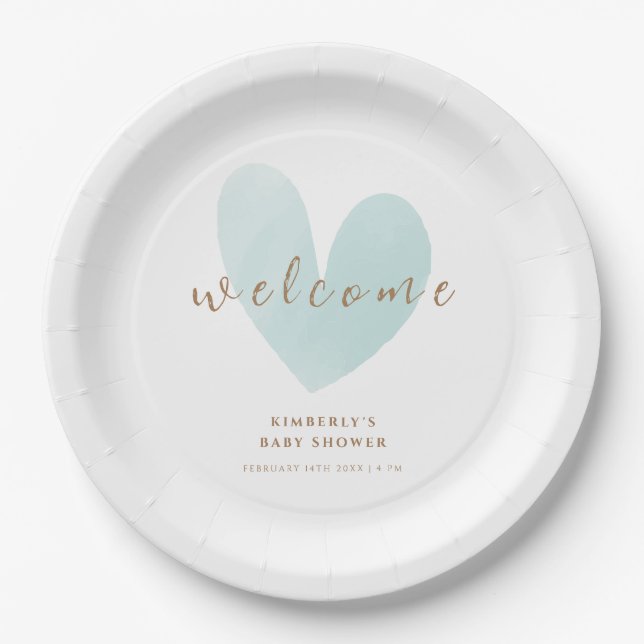 Minze Green Simple Heart Welcome Baby Dusche Pappteller (Vorderseite)