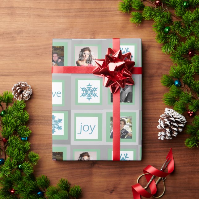 Minze Green Squares Personalisiertes Foto Weihnach Geschenkpapier (Feiertagsgeschenk)