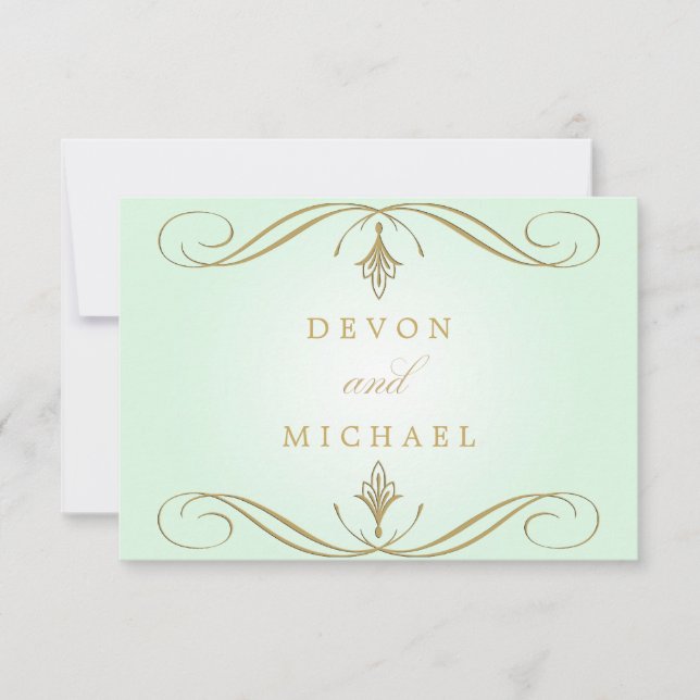 Minze Green und Gold Swirl Wedding Response Cards RSVP Karte (Vorderseite)