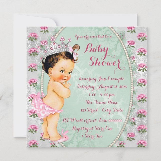 Minze Green und Rosa Rose Baby Girl Dusche Einladung (Vorderseite)