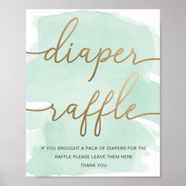 Minze Green Watercolor Gold Diaper Raffle Poster (Vorne)