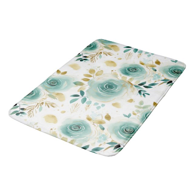 Minze Green White Gold Rose Floral Badematte (Schrägansicht)