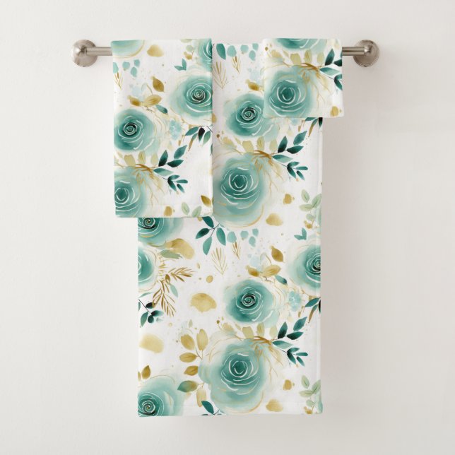 Minze Green White Gold Rose Floral Badhandtuch Set (Insitu)
