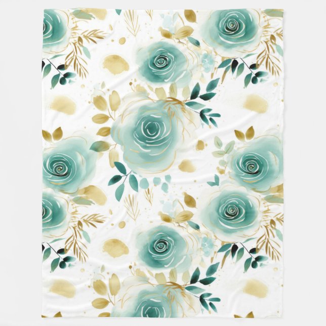 Minze Green White Gold Rose Floral Fleecedecke (Vorderseite)