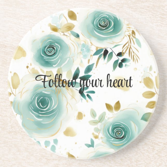 Minze Green White Gold Rose Floral Getränkeuntersetzer (Vorne)