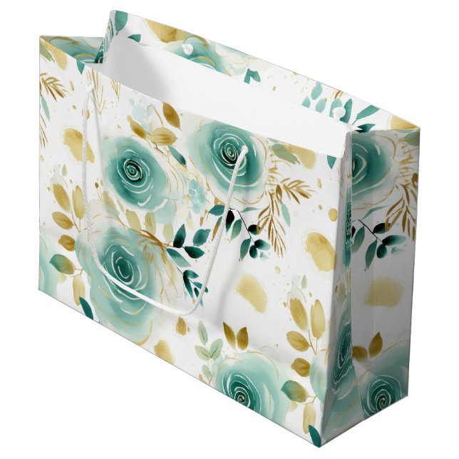Minze Green White Gold Rose Floral Große Geschenktüte (Vorderseite Schrägansicht)