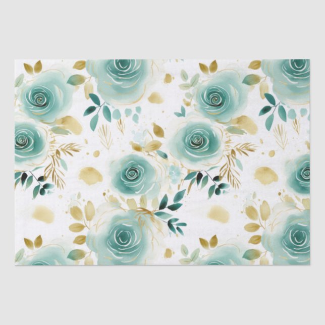 Minze Green White Gold Rose Floral Seidenpapier (Vorderseite)