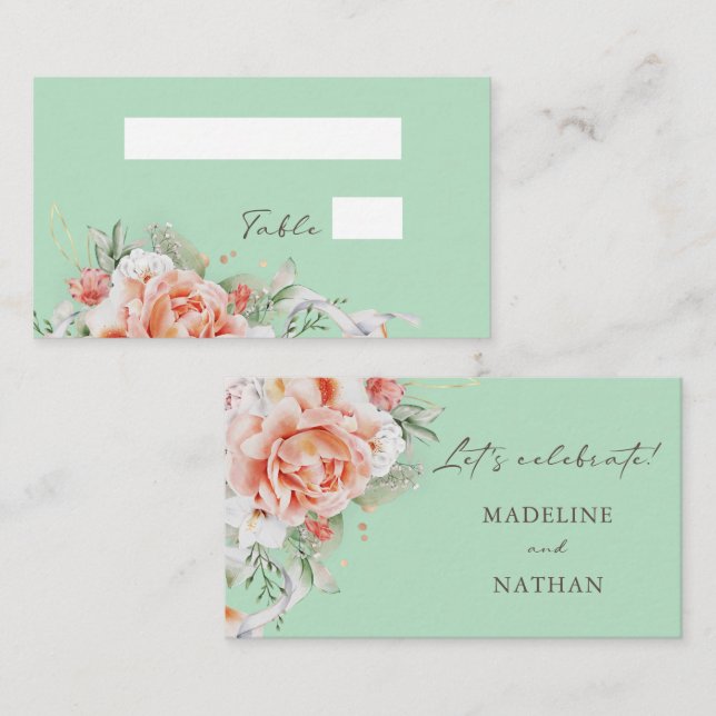 Minze Grün & Peach Floral Hochzeitssalon Platzkart Platzkarte (Vorne/Hinten)