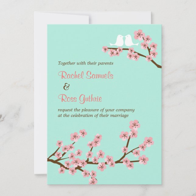 Minze Grün & Rosa Kirschblossom Moderne Hochzeit Einladung (Vorderseite)