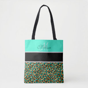 Minze, grün und schwarz Leopard Mit Monogramm Tasche