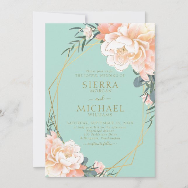 Minze grüne Blush Peach Cream Gold Floral Hochzeit Einladung (Vorderseite)