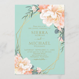 Minze grüne Blush Peach Cream Gold Floral Hochzeit Einladung