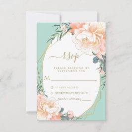 Minze grüne Blush Peach Cream Gold Floral Hochzeit RSVP Karte