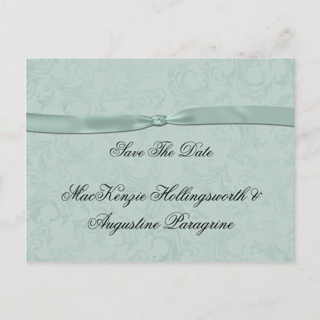 Minze grüne Damaske mit Minzband Save the Date Ankündigungspostkarte (Vorderseite)
