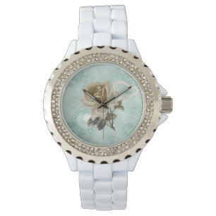 Minze grüne Elfenbein-Rose Weiße Rhinestones beoba Armbanduhr