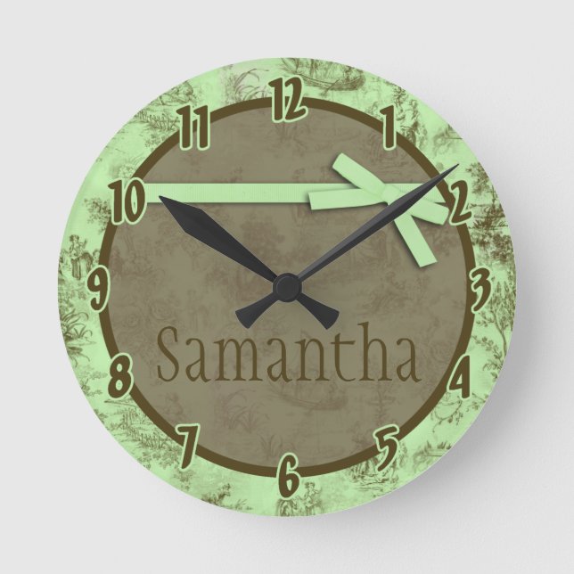 Minze grüne französische Fabric Toile Personalisie Runde Wanduhr (Vorderseite)