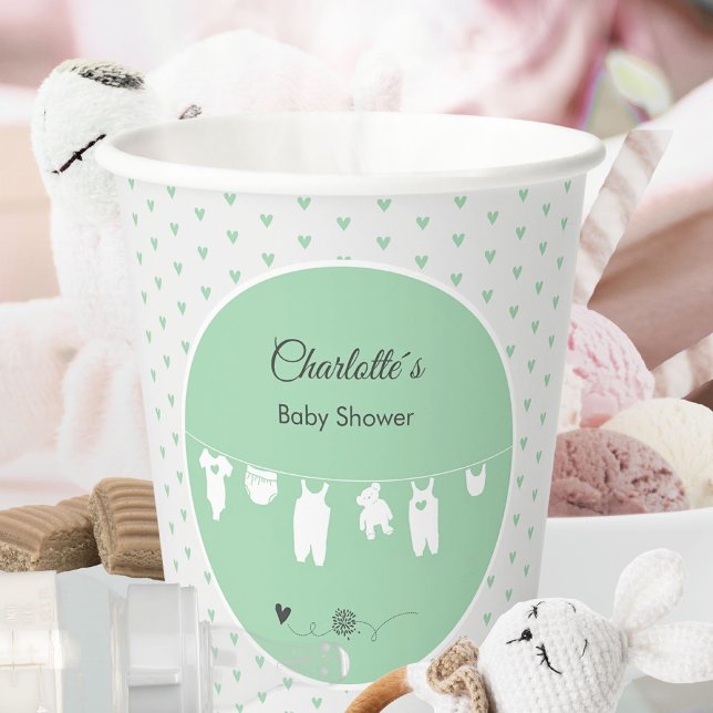 Minze grüne Herzen Geschlecht neutrale Baby-Dusche Pappbecher (Minimalist Mint Green Heart Pattern Baby Shower Paper Cups ©Susanne Sachers - Sunny Mind 🌞)