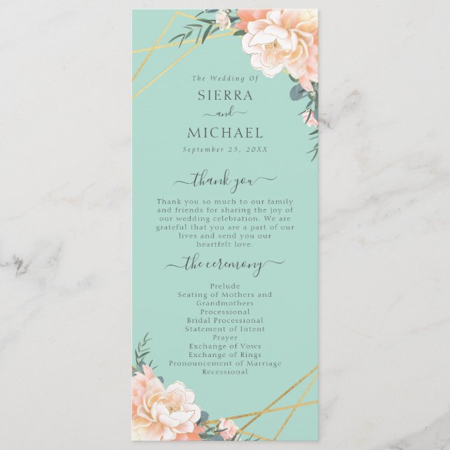 Minze grüne Pfirsichcreme Gold Geometric Wedding Programm (Vorderseite)