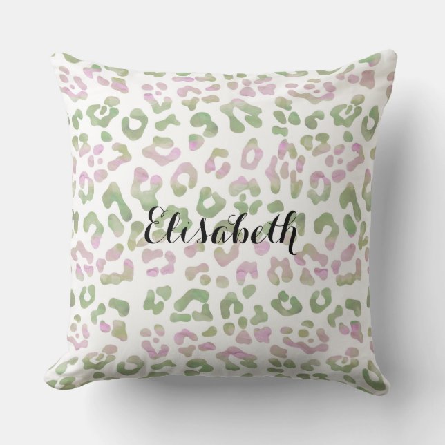 Minze grüne Rosa Aquarellfarbe Leopard Printwerbun Kissen (Vorderseite)