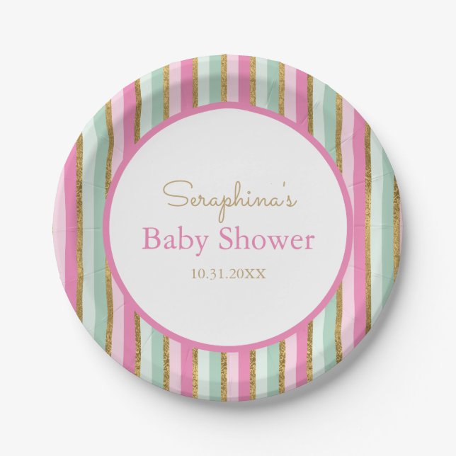 Minze grüne Rosa und goldene Streifen Kinderdusche Pappteller (Vorderseite)