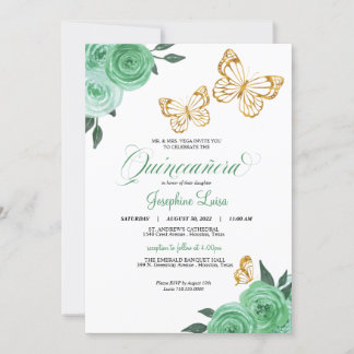 Minze Grüne Rose Goldene Schmetterling Quinceañera Einladung